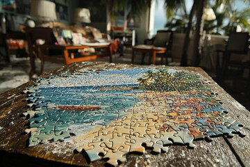 A tropical beach scene jigsaw puzzle lies unfinished on a weathered wooden table in a sunlit room.