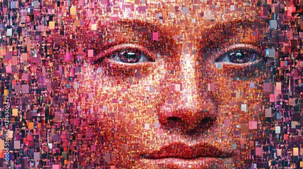 Poster binary data overlayed with human facial recognition visuals.