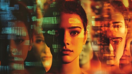 Binary data overlayed with human facial recognition visuals.