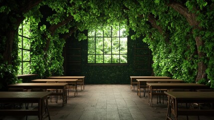 Obraz premium Tranquil Indoor Garden Room with Wooden Tables and Lush Greenery