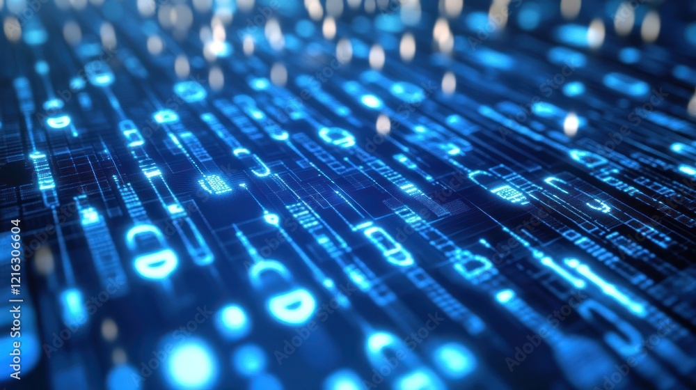 Aufkleber binary data rendered with luminous blue and glowing edges.
