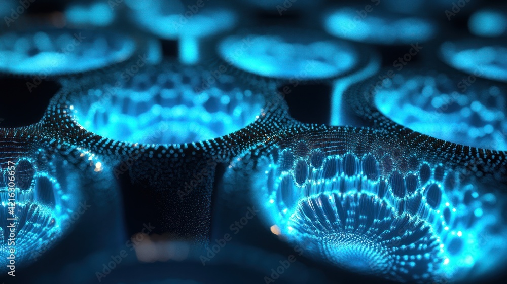 Poster binary data rendered with luminous blue and glowing edges.