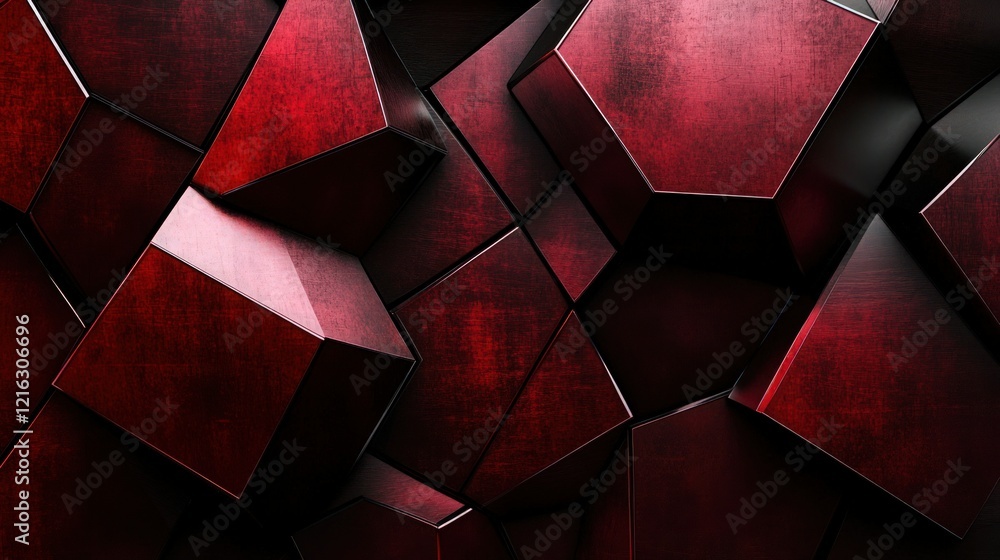 Wall mural a textured dark red geometric background composed of interlocking hexagons and subtle metallic refle
