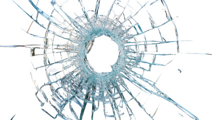 Obraz premium Shattered glass displays a circular break surrounded by sharp, jagged edges. The transparent fragments create a striking pattern, emphasizing the damage and depth of the fracture. PNG