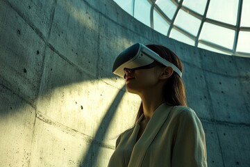Woman in beige blazer uses VR headset against a concrete wall under a glass dome.