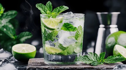 Refreshing mojito cocktail in a glass with fresh lime slices and mint leaves served on a wooden table with a blurred summer background  Vibrant and inviting drink for a party bar or summer gathering