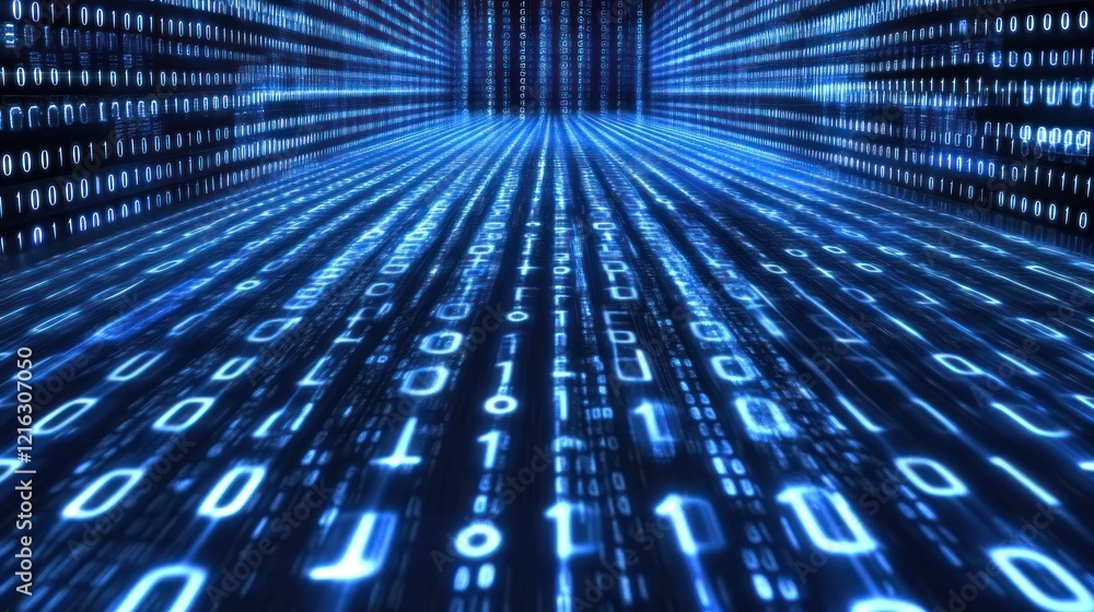 Poster blue binary background showcasing dynamic technological flow.