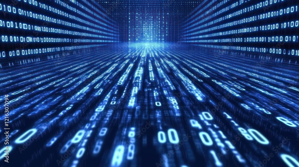 Poster blue binary background showcasing dynamic technological flow.