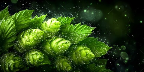 Close-up of fresh green hops with droplets of water and a dark, sparkling background, commonly used in brewing beer. Concept Close-up Photography, Fresh Green Hops, Brewing Ingredients