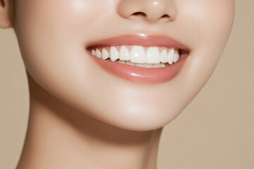 Fototapeta premium close up of woman smile showcasing bright, white teeth and smooth skin. image conveys sense of happiness and confidence, highlighting beauty of radiant smile