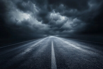 Open road under a foreboding stormy sky with visible lightning strikes at dusk