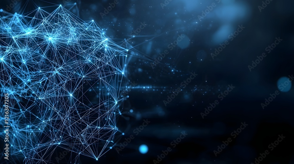 Poster Complex intelligence system with a glowing neural network of blue lights and intricate connections symbolizing data processing and machine learning in a modern futuristic