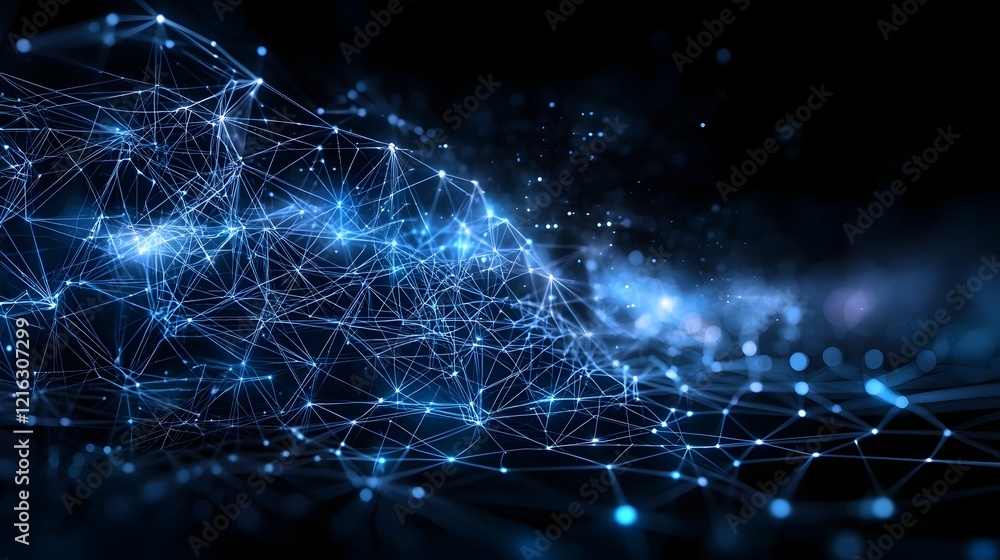 Aufkleber Futuristic intelligence network with glowing blue nodes and interconnected lines on a dark background representing advanced digital technology and high tech communication systems