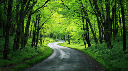 winding road surrounded by lush green trees creates serene atmosphere, inviting exploration and connection with nature