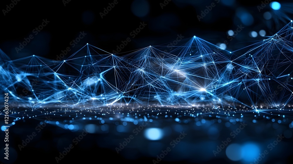 Poster Abstract visualization of a complex digital network with illuminated blue connections and dynamic data flow on a deep black background