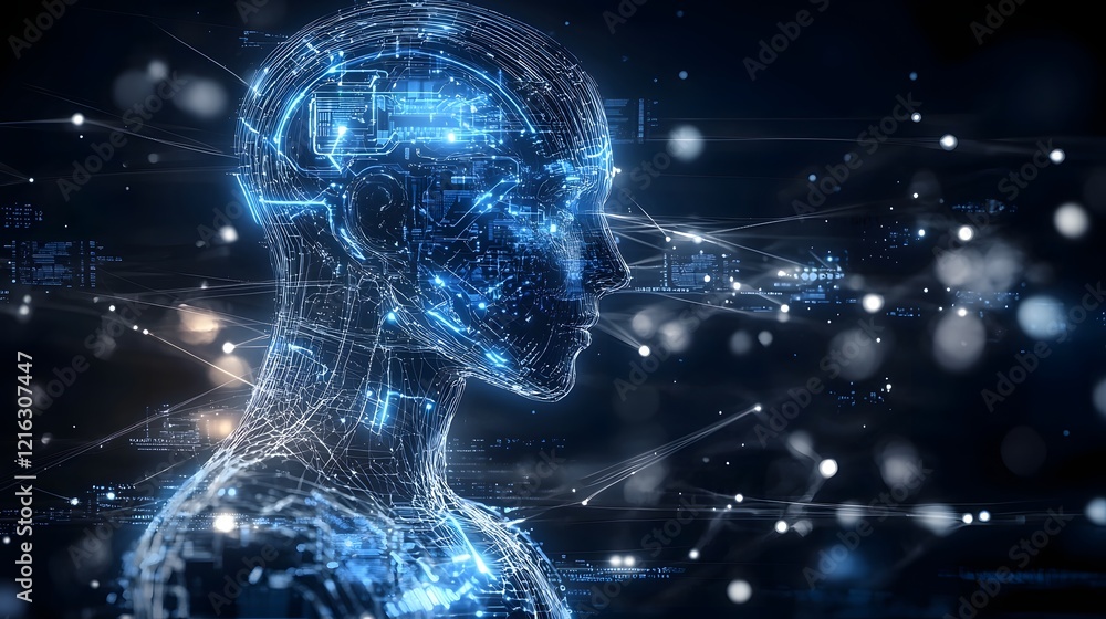 Poster Futuristic digital depicting a conceptual representation of intelligence  The image features a silhouetted human form integrated with data streams circuits and holographic elements