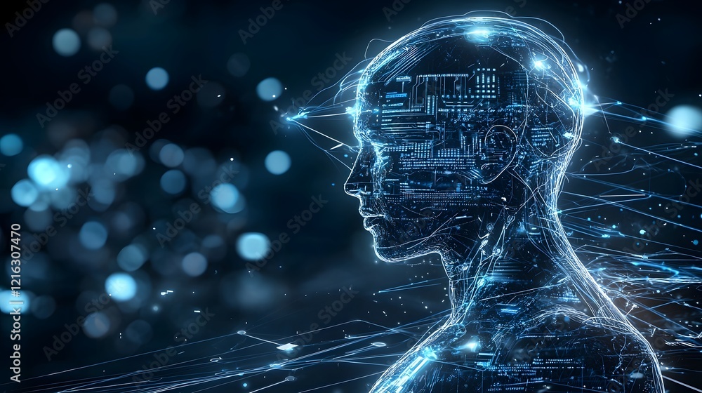 Poster conceptual digital depicting a futuristic human silhouette integrated with data streams circuits and