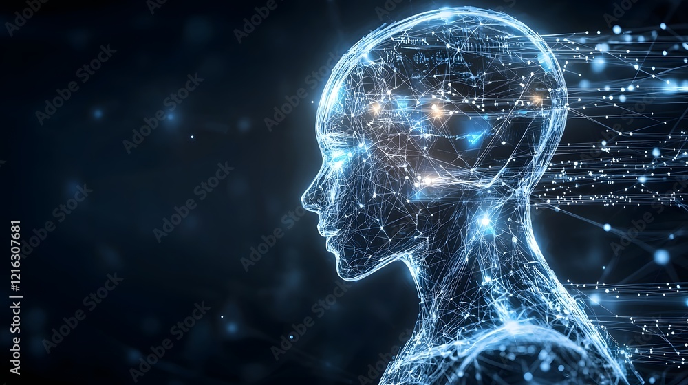 Fototapete Futuristic Silhouette with Glowing Digital Interface Highlighting Machine Learning Big Data and Neural Networks on a Dark Background  Conceptual Representing the Advancement of Intelligence