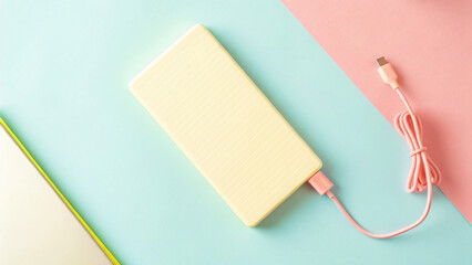 stylish yellow power bank with pink charging cable on pastel background