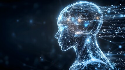Futuristic Silhouette with Glowing Digital Interface Highlighting Machine Learning Big Data and Neural Networks on a Dark Background  Conceptual Representing the Advancement of Intelligence