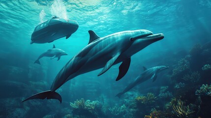 Naklejka premium Dolphins and Submersible Explore Vibrant Coral Reef