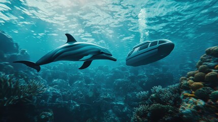 Obraz premium Playful dolphin and advanced submersible explore a vibrant teeming coral reef ecosystem