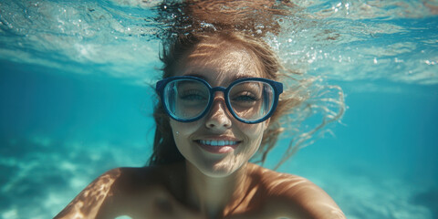 Fototapeta premium Female swimmer smiling underwater, wearing blue goggles, enjoying ocean. sunlight creates beautiful patterns on water surface, enhancing joyful atmosphere