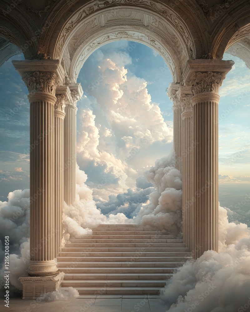 Poster a majestic archway with columns leads to a dreamy sky filled with clouds, suggesting a serene path t