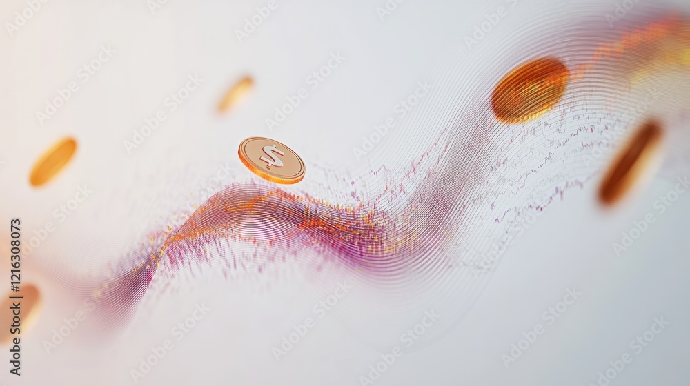 Poster coins and line graph on abstract data design on solid white background, single object