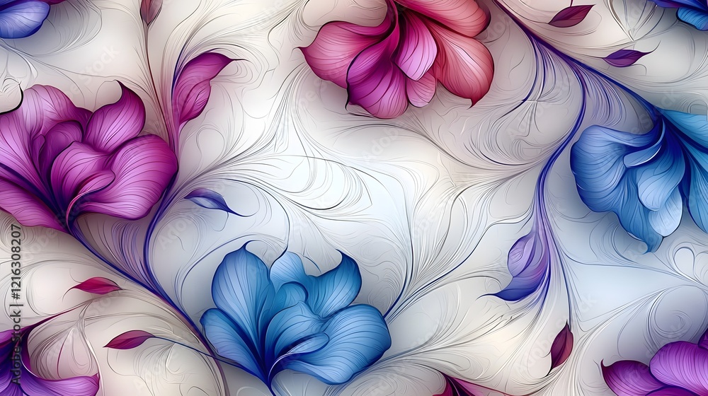Poster seamless abstract pattern featuring beautiful purple and blue magical flowers with intricate details