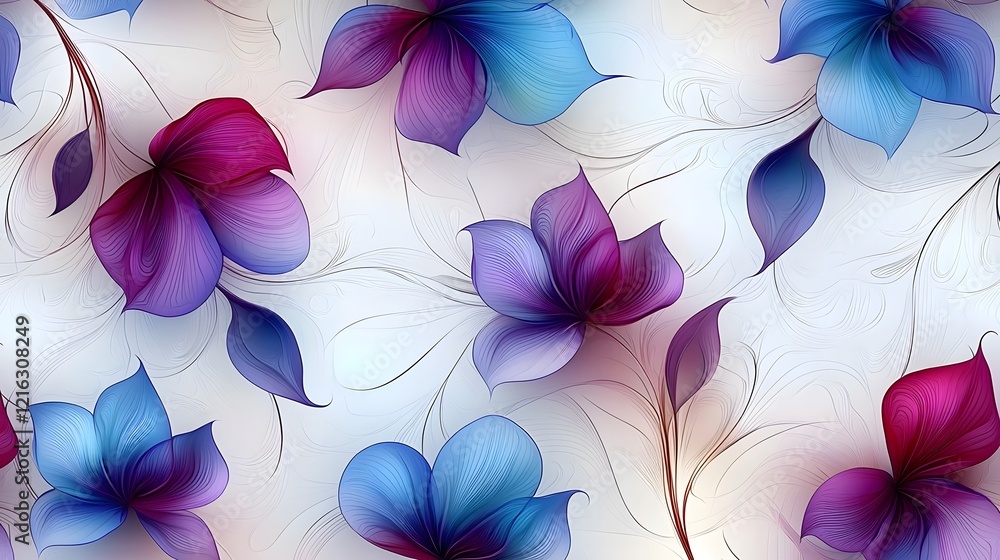 Poster stunning seamless floral pattern featuring abstract purple and blue magical flowers with delicate pe