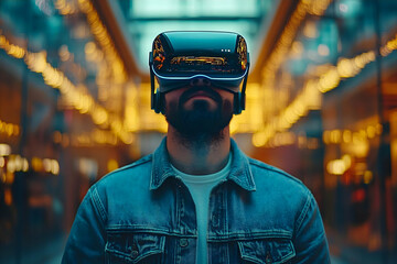 Man using VR headset in city arcade, exploring virtual world