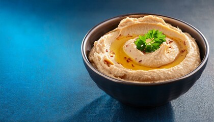 Delicious creamy hummus with chickpeas in bowl on blue background