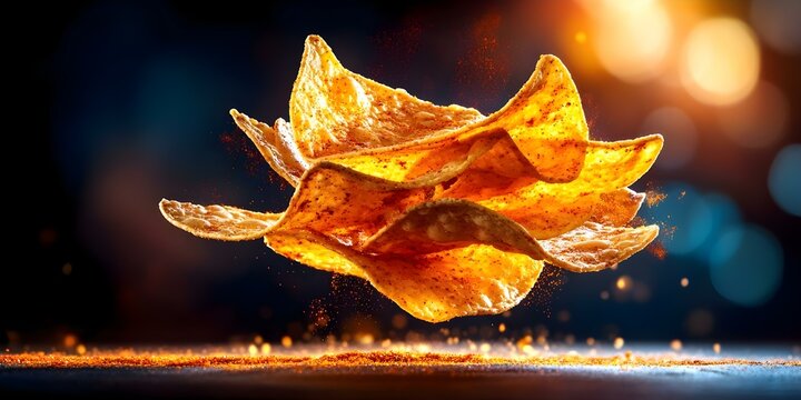 A close-up of flying tortilla chips sprinkled with seasoning, surrounded by a colorful and blurred background. Concept Close-up Photography, Flying Tortilla Chips, Seasoning, Colorful Background