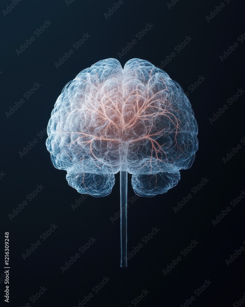 Poster a glowing, translucent brain with intricate neural connections, set against a dark background, symbo