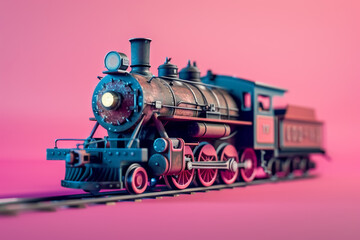 Antique steam locomotive model on vibrant pink background, showcasing intricate details and vintage charm