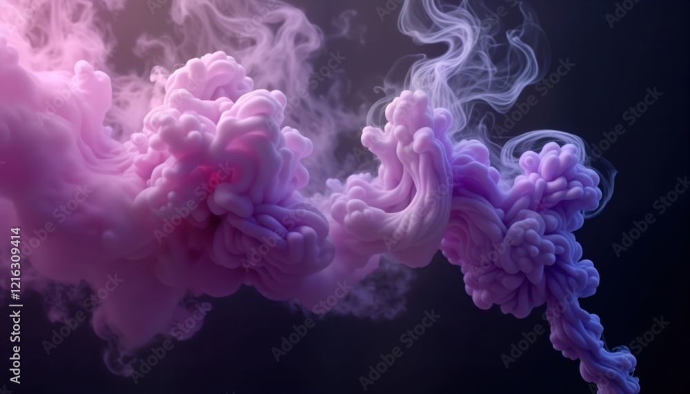 Poster intricate purple smoke swirls dynamically against dark background. fluid movement, unique shapes cre