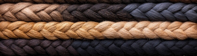 A close-up view of braided ropes in varying shades, showcasing texture and color gradients.