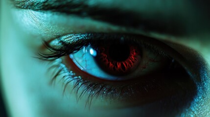 Naklejka premium A close-up of red, bloodshot eyes with visible irritation, symbolizing lack of sleep or health issues.