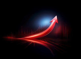 A vibrant red arrow ascends dramatically against a dark, dynamic background, suggesting growth and progress.  Light trails and data visualizations emphasize upward momentum.