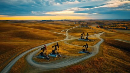 Fototapeta premium Aerial view of an oil field dotted with pumpjacks and pipelines crisscrossing the land under a cloudy sky