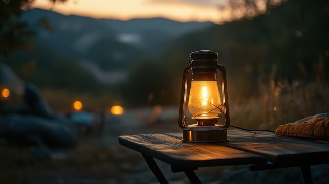 Illuminated camping lantern on table, sunset mountains
