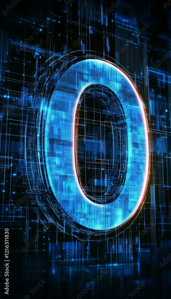 Aufkleber glowing digital 3d number zero on futuristic abstract background technology and innovation concept