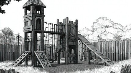 A black and white playground illustration with a large wooden play structure, complete with a rope bridge and tower. The scene is surrounded by soft grassy textures and tall fences in the background.