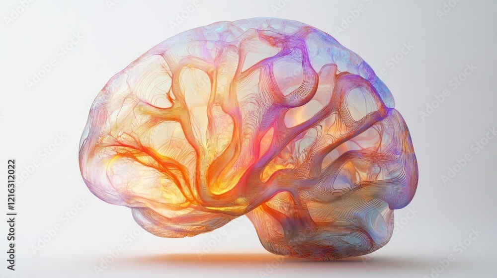 Poster futuristic brain design with glowing neural pathways on solid white background, single object