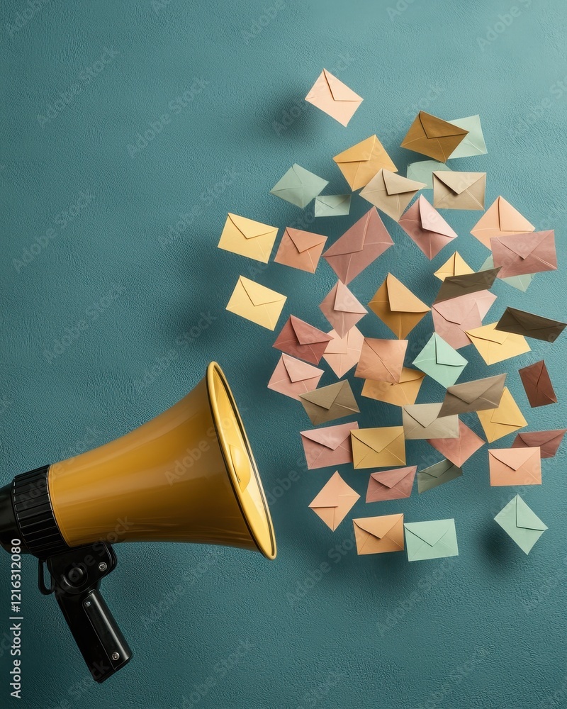 Poster a vibrant megaphone broadcasts colorful envelopes, symbolizing communication and messaging in a crea