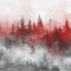 Crimson Forest in Misty Morning: A Watercolor Dream