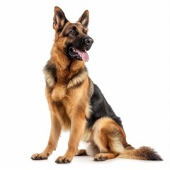 German shepherd dog sitting on white background and looking to the side
