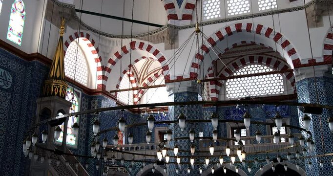 Enchanting 4K interior of Rustem Pasha Mosque at sunset. Ottoman architecture by Mimar Sinan shines amid peaceful rays, capturing a spiritual ambiance. Ramadan, islamic, muslim.