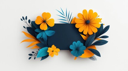 A vibrant composition of paper-cut flowers in hues of blue and orange surrounding a dark center, perfect for modern design and spring themes.